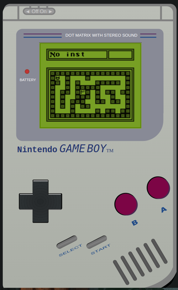 A gameboy with a maze on the screen. There is a small deamon head on the top left of the maze, and a flag surrounded by walls in the center. above the maze, there are two rectangle. The left rectangle contains the words &ldquo;No inst&rdquo;, the right rectangle is empty